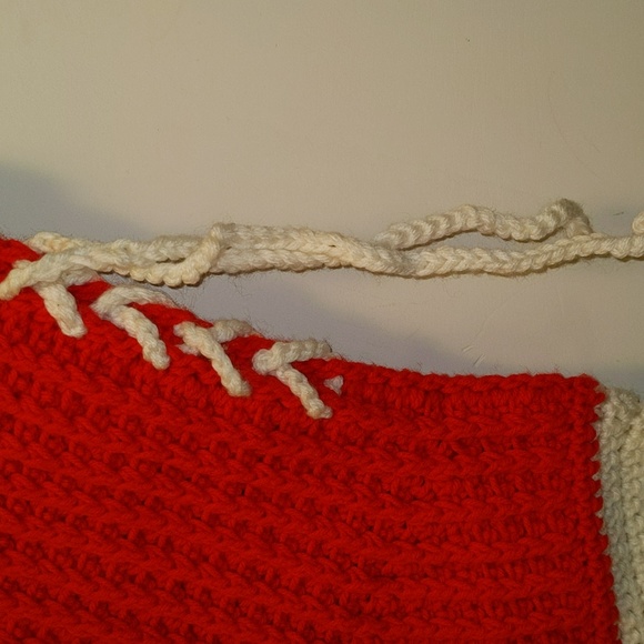 Handmade Red and White Lace Up Yarn Christmas Holiday Stocking - Picture 2 of 12